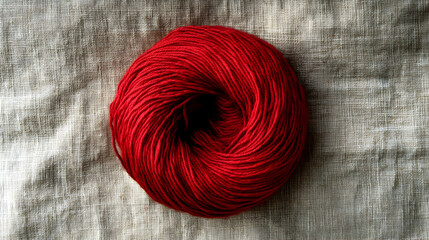 Vibrant red yarn ball on neutral linen background