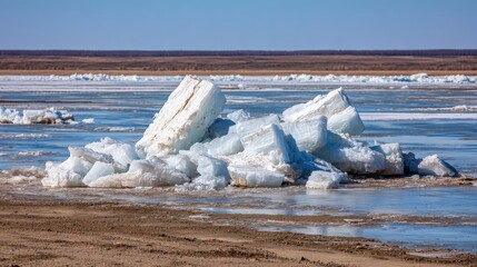 Melting icebergs on a shoreline under clear blue skies