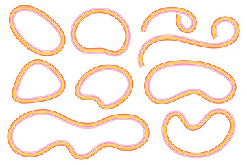 70s rainbow organic border. Retro vector funky shapes set on white background for modern creative poster. Abstract trendy aesthetic striped ovals and lines.