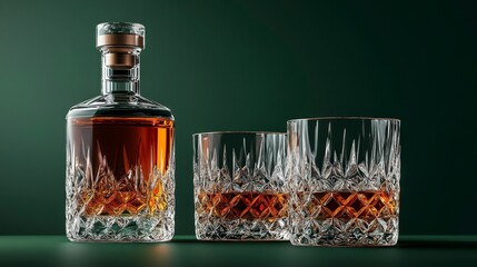 Elegant Crystal Glasses with Single Malt Whisky on a Dark Green Background
