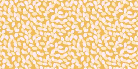 Seamless vector pattern with abstract organic leaves in white and beige on a warm mustard background. Perfect for textiles, wallpapers, packaging, wrapping paper, stationery, branding