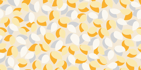 Seamless vector pattern with abstract leaf shapes in soft yellow, white, and gray tones. Minimal autumn background for fabric, wrapping paper, wallpaper, or digital design