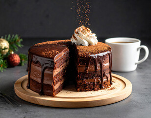 Indulge in decadent chocolate cake with rich frosting perfect for holiday celebrations or cozy winter moments with hot coffee