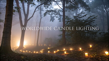 Mystical forest pathway illuminated by a gentle glow of numerous candles creating an enchanting and ethereal ambiance