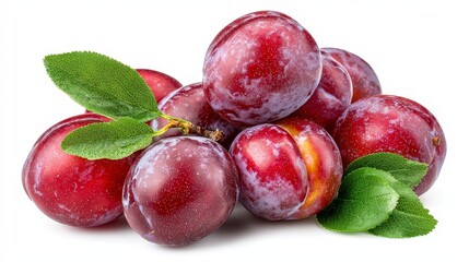 Obraz premium Fresh Ripe Chinese Plums Isolated on White Background with Green Leaves for Food and Healthy Lifestyle Concepts