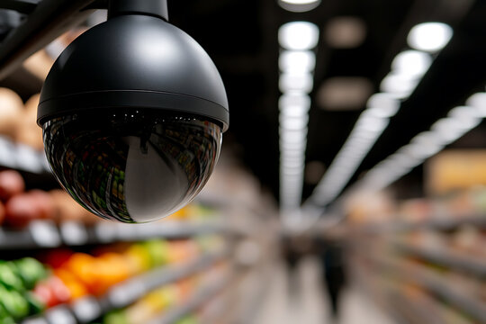 Security surveillance camera in a grocery store or shopping mall, ensuring safety and loss prevention. Retail security technology. - Powered by Adobe