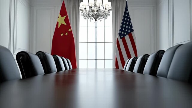 Economic symbol contest: United States flag, China emblem, national cloth, patriotic fabric, political tension, strategic dispute, diplomatic balance, international rivalry, hegemonic presence, global