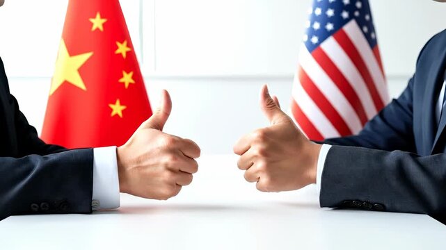 Economic symbol contest: United States flag, China emblem, national cloth, patriotic fabric, political tension, strategic dispute, diplomatic balance, international rivalry, hegemonic presence, global