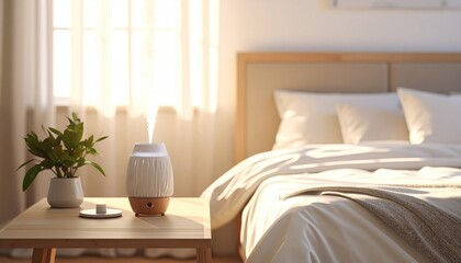 Cozy Bedroom Scene with Aromatherapy Diffuser and Plant Decor