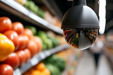 Overhead security camera monitoring produce aisle, reflecting colorful vegetables on shelves. Surveillance in a grocery store for loss prevention. Modern tech.