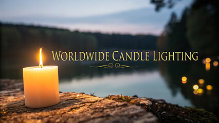 A single lit candle glows warmly on a textured surface beside a tranquil lake at dusk symbolizing unity and remembrance