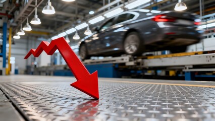 Car manufacturing plant with downward arrow