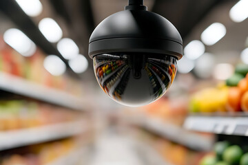 Security camera in a retail setting. The camera's reflection shows product shelves. Provides safety and monitoring within commercial environments.