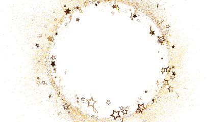 Elegant golden stars and glitter form a beautiful circle frame on a clean white background. Ideal for invitations, greetings, and festive design