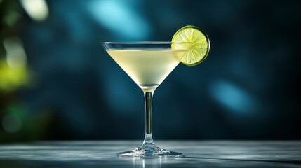 Elegant Martini Glass with Lime Slice on a Dark Background Captured in Stunning Detail