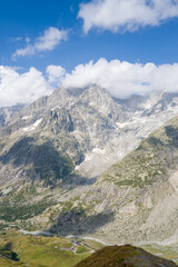 The Pre de Bar glacier and Mount Dolent in Europe, Italy, Aosta Valley, in summer, on a sunny day.