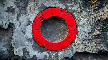 Red circle graphic against weathered concrete wall abstract composition