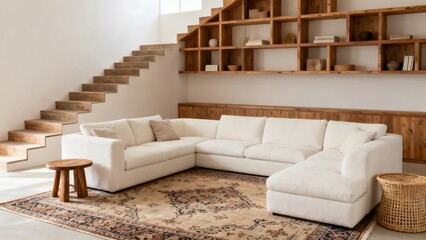 Modern living room with white sofa and wooden stairs