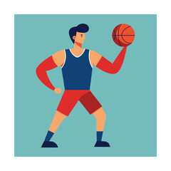 Basketball player holding ball with blue jersey and red shorts