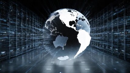 Digital Globe in Server Room: A stunning digital representation of the Earth hovers within a state-of-the-art server room, symbolizing global connectivity and technological advancement. - Powered by Adobe