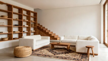 Modern living room with wooden shelves and stairs
