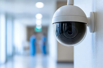Surveillance camera on wall, hallway background