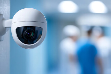 Security surveillance dome camera on a light blue wall. A blurred view of medical personnel in the background creates an environment of monitoring.