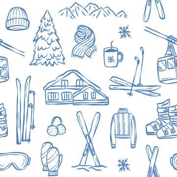 Hand drawn doodle ski essentials seamless pattern