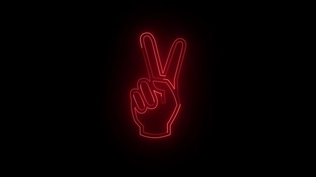 Red neon peace sign hand gesture animation on black background