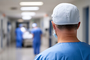 View of healthcare worker in uniform, partially masked, in hospital hallway. Two blurred figures and gurney visible in background.