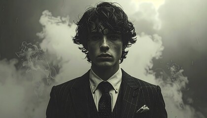 A somber portrait of a young person in a suit, staring intensely. Wisps of smoke or cloud surround the figure. Grayscale
