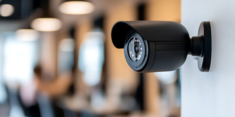 Indoor Security: A surveillance camera mounted on a wall in a commercial space. Provides peace of mind and safety.