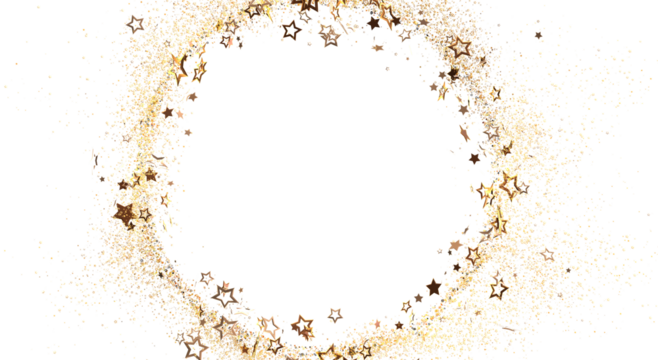 Abstract festive background with golden star shaped confetti creating a circular design over a clean white backdrop. Perfect for celebrations an