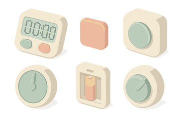 Digital Kitchen Timers. Isometric vector illustration set Digital kitchen timers: LED display timer, start button, reset button,