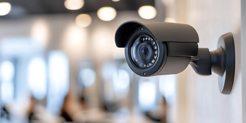 Security Camera: Close-up of a mounted surveillance camera, capturing a watchful eye in a modern indoor setting. Enhanced safety and monitoring solution.