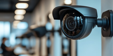 Security camera surveillance in a modern office setting with people working in the background. Ensuring safety and monitoring.