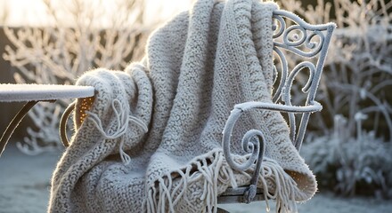 Cozy knit blanket draped over an ornate chair in a frosty garden setting