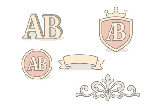 Elegant Monogram Icons. Isometric vector illustration set Luxury branding monogram: bold serif initials, shield emblem, crown