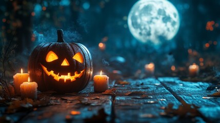 Obraz premium Spooky Halloween Pumpkin Jack-o'-Lantern Glowing Brightly Under Moonlight with Candles Around