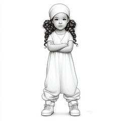  Confident young girl, stylish and urban, standing with arms crossed in street wear, in black and white line art.