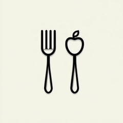  Minimalist line art cutlery, black and beige, healthy eating concept with copy space.
