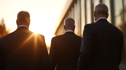 Business Trio at Sunset: Three individuals in dark suits walk away from the camera, illuminated by a setting sun, against a modern building.