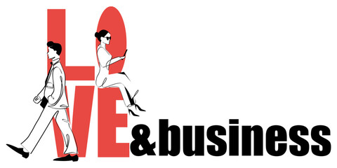 Business woman holding a phone and Businessman holding a bag in continuous one line drawing. Business concept minimalistic black lines drawing on white background