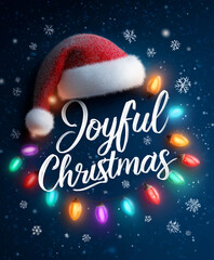 Fröhliche Weihnachten mit Weihnachtsmannmütze und bunten Lichterketten auf grauem Hintergrund