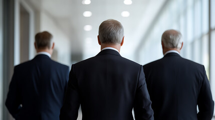 Businessmen walking down a corridor toward the light. The three men in suits are viewed from behind. Corporate, executive, and leadership concepts.