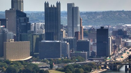 Pittsburgh, PA downtown city skyline office towers, skyscrapers, big city in Pennsylvania part of Rust Belt known for Steel production