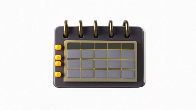A 3D calendar with a spiral binding and yellow buttons, showcasing a modern design.
