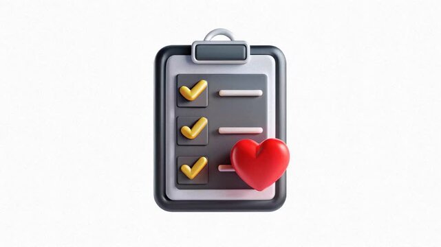 A checklist with golden check marks and a red heart on a clipboard.