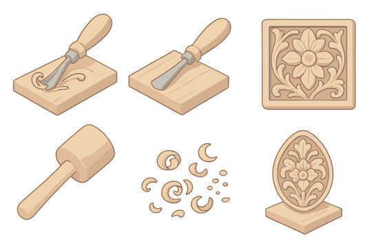 Woodcarving Tools and Artistry. Isometric vector illustration set Detailed carving art: woodcarving chisel detail figure, gouge