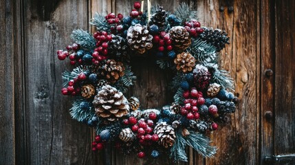 Festive winter wreath with berries and pinecones on wooden door.